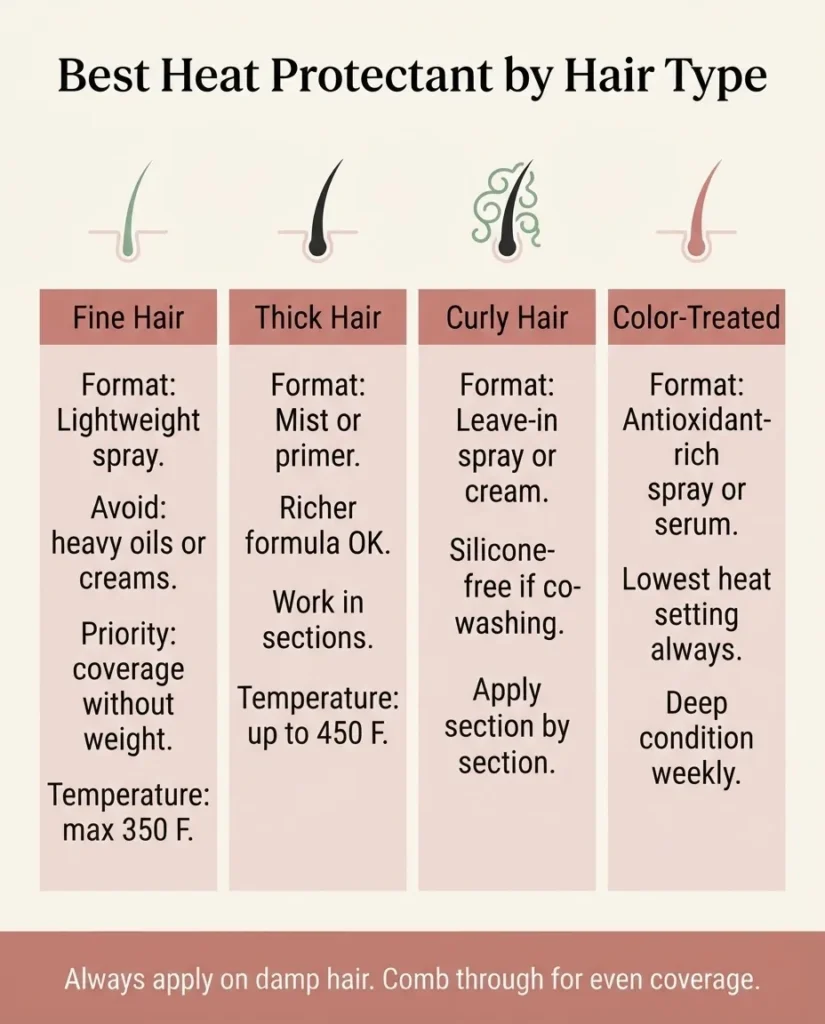 A flat vector infographic titled Best Heat Protectant by Hair Type showing four hair type columns including fine, thick, curly, and color-treated with product format and ingredient recommendations for each.