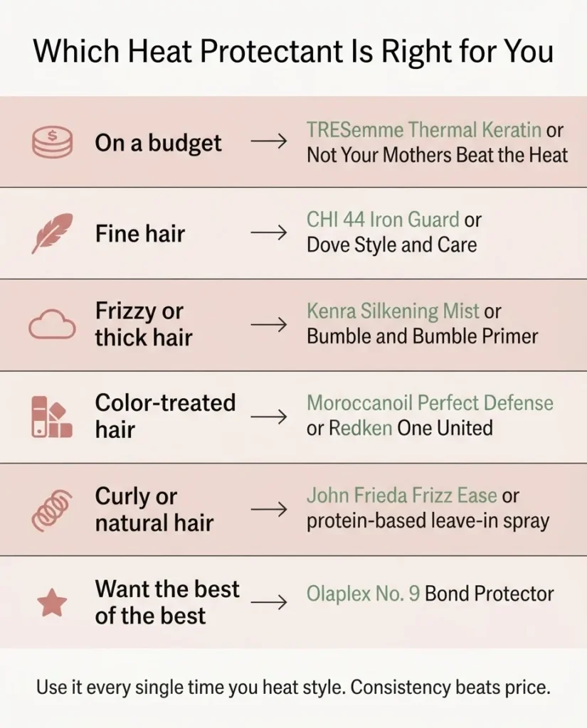 A flat vector cheat sheet infographic titled Which Heat Protectant Is Right for You listing hair concern categories including budget, fine, frizzy, color-treated, curly, and luxury with a recommended product pick for each.