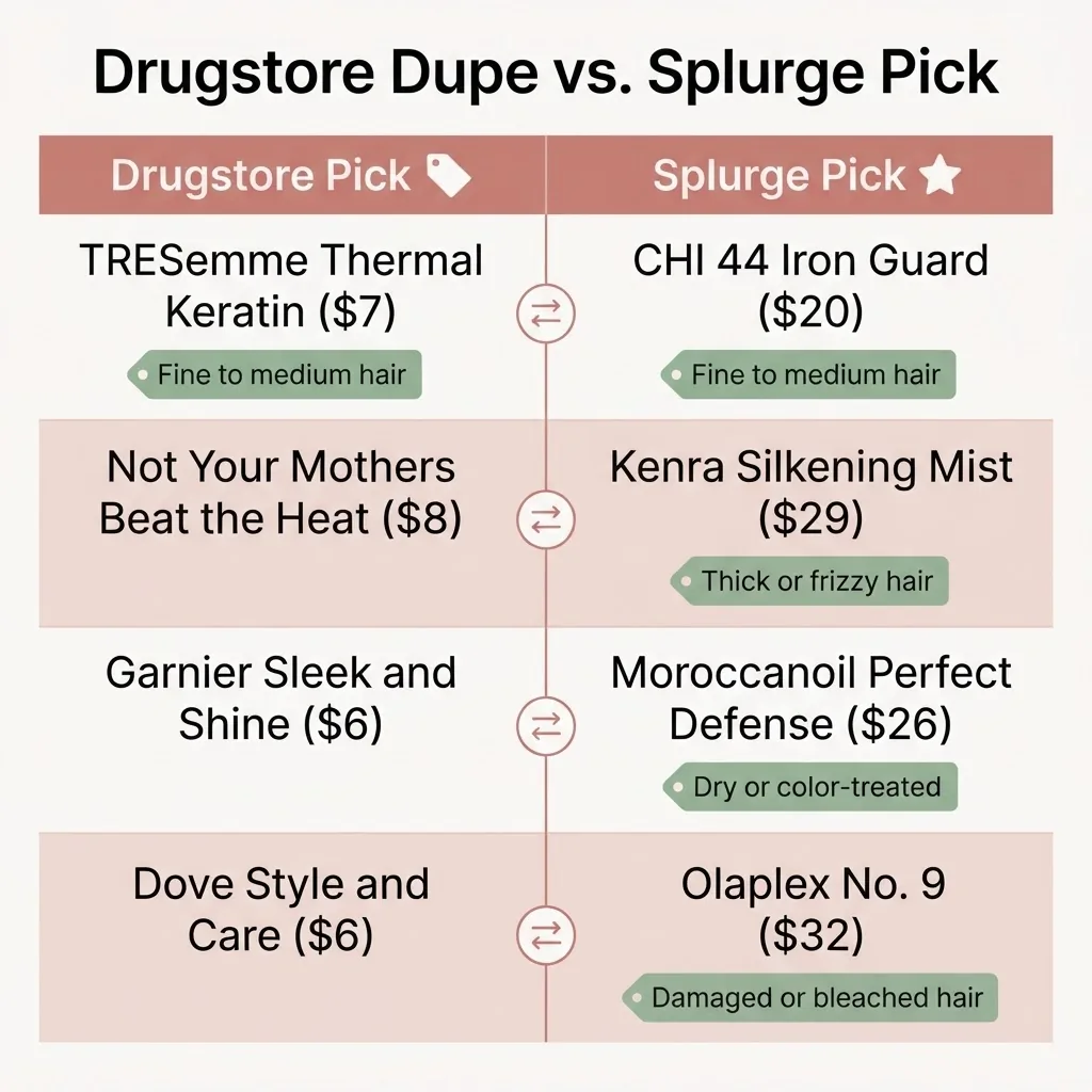 A flat vector comparison chart pairing drugstore heat protectant dupes alongside their splurge counterparts organized by hair type including fine, thick, curly, and color-treated hair.