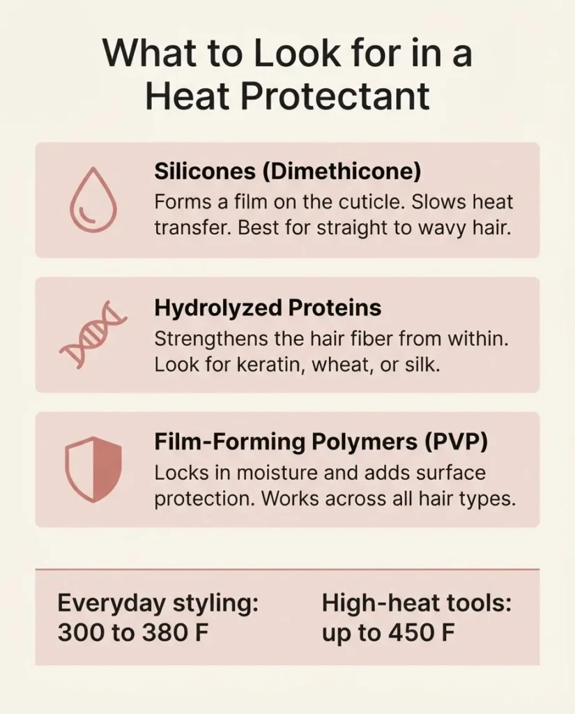 A flat vector infographic titled What to Look for in a Heat Protectant breaking down three key ingredient types including silicones, hydrolyzed proteins, and film-forming polymers alongside temperature rating tiers.