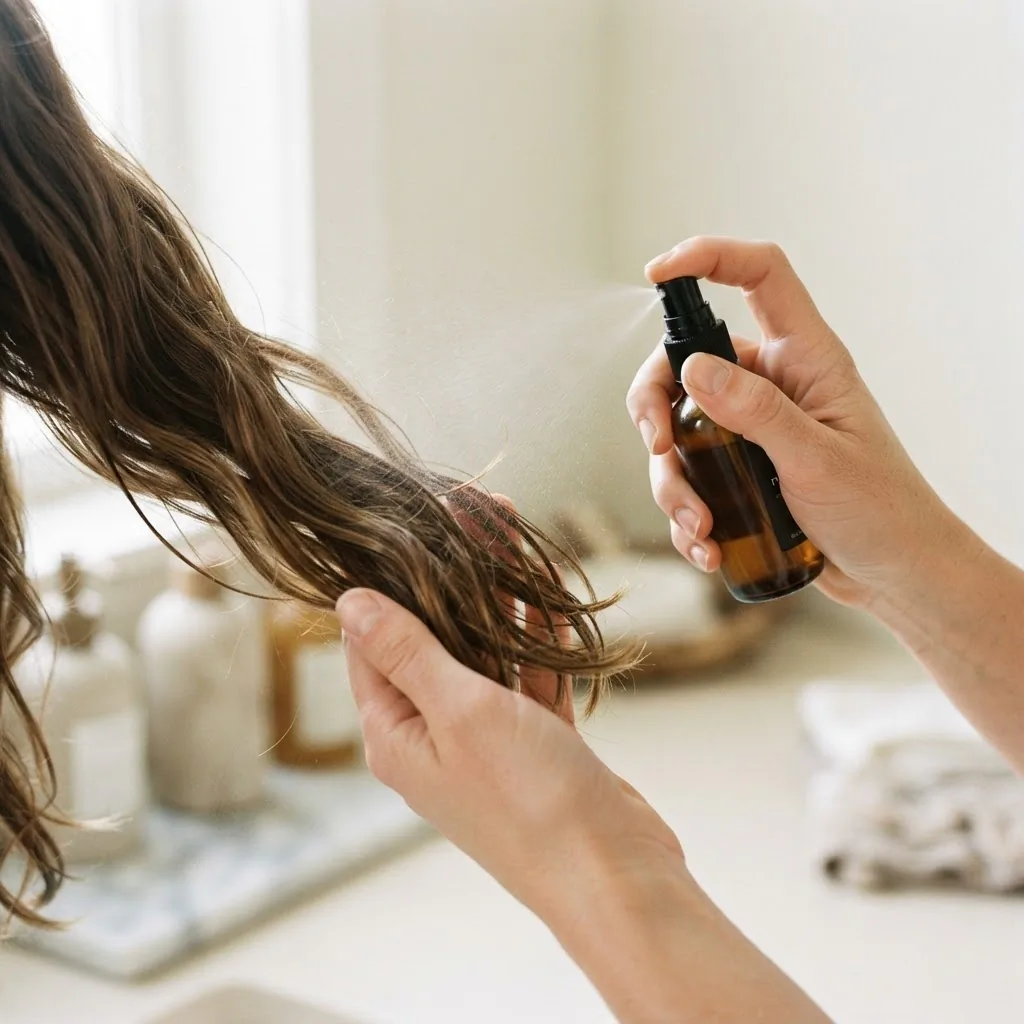 Close-up of a hand spraying a heat protectant product onto a damp section of wavy hair held away from the head, soft bright natural light on a clean bathroom counter.