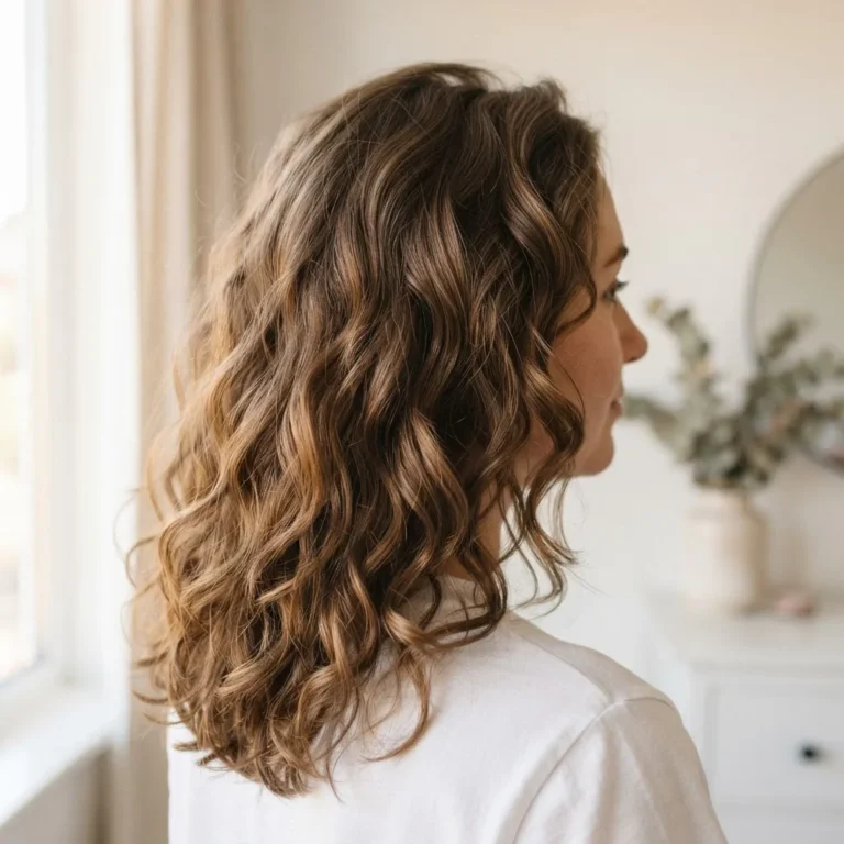 A woman with medium-length brown hair showing soft, loose overnight heatless curls in warm natural light, achieved without any heat tools.