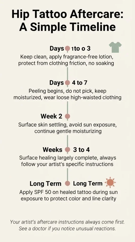 A flat vector aftercare timeline infographic for hip tattoos showing healing stages from day one through several months, including clothing tips, moisturizing guidance, and sun protection reminders.
