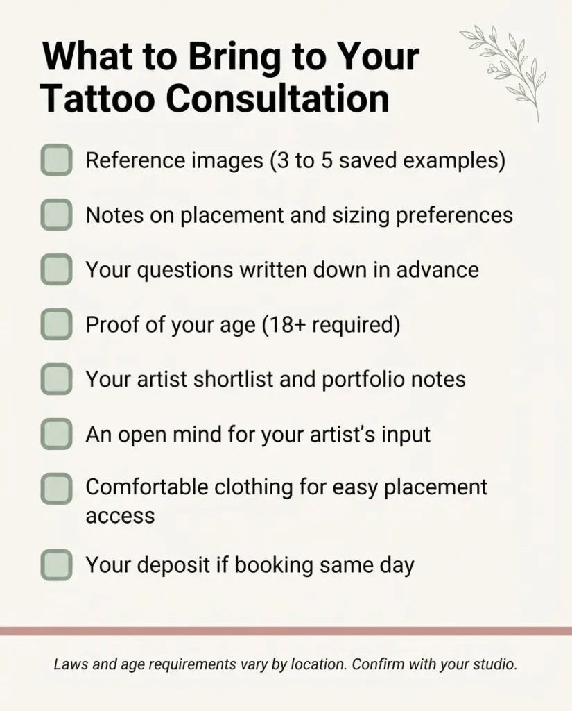 A flat vector checklist infographic titled What to Bring to Your Tattoo Consultation, listing reference images, placement notes, sizing questions, and artist licensing checks in clean sans-serif typography.