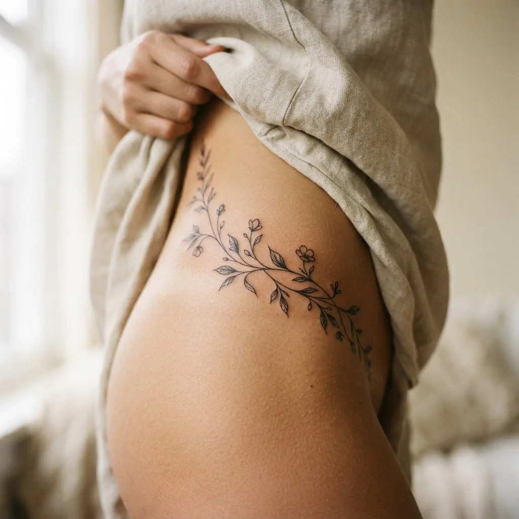 A close-up of a healed fine-line botanical vine hip tattoo on a woman's side hip, featuring delicate leaves and small floral buds rendered in black ink against warm natural skin tone.