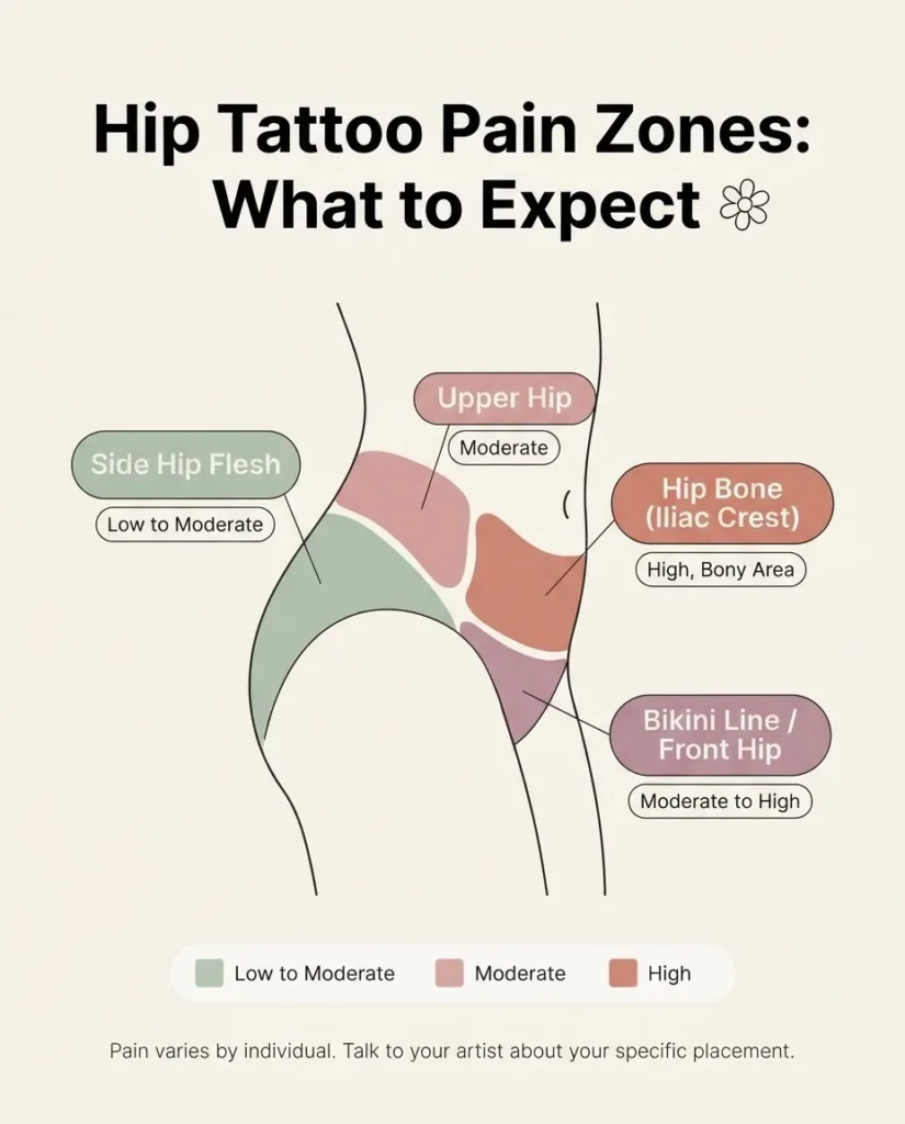 A flat vector infographic diagram illustrating hip tattoo pain zones including upper hip, side hip flesh, hip bone, and bikini line, labeled with pain level indicators in a soft feminine color palette.