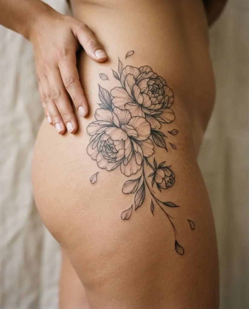 A detailed close-up of a healed fine-line peony cluster hip tattoo on a woman's side hip, showing soft petal shading and trailing petals in black and grey ink under warm natural light.