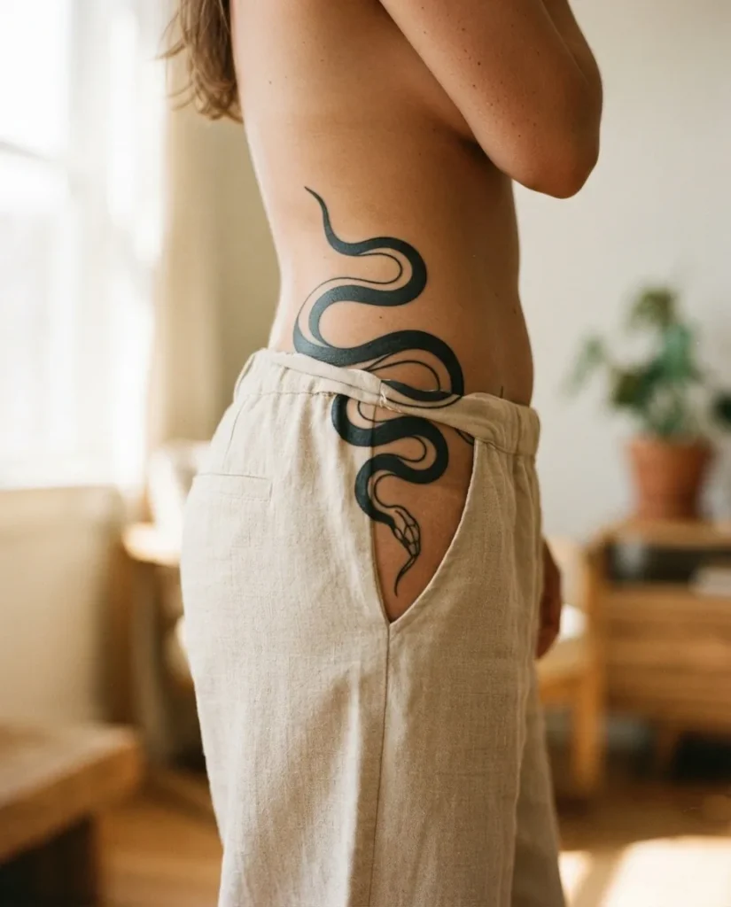 A healed blackwork serpent wrap hip tattoo shown on the side of a woman's body, with bold black lines curving naturally along the hip and waist in soft window light.
