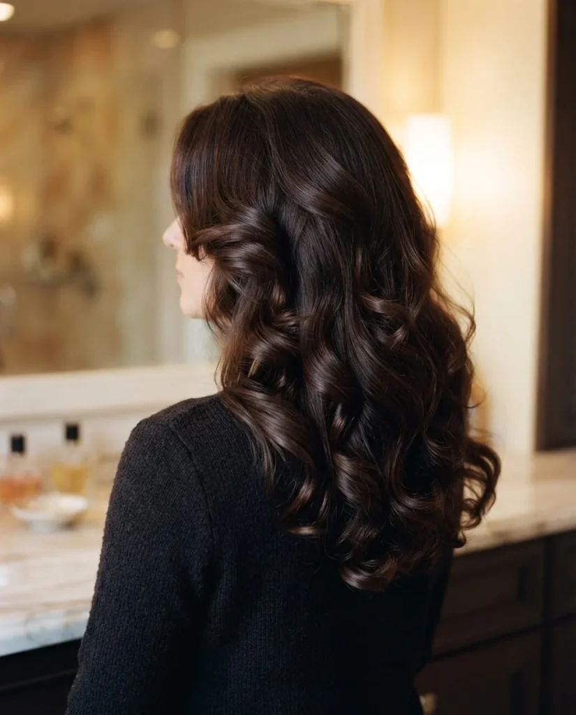A finished look of bouncy voluminous waves on a woman with thick dark hair after removing ceramic hot rollers, warm glowing vanity lighting from the side.