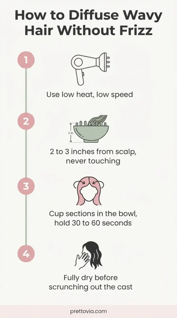 Step-by-step flat vector diagram showing correct diffuser positioning and movement technique for wavy hair drying with labeled tips for low heat and pixie diffusing method.