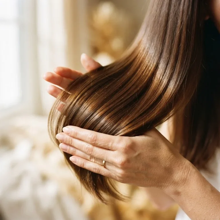 A close-up of long healthy shiny hair being gently held by a woman's hands against a soft natural window light background showing smooth repaired strands.