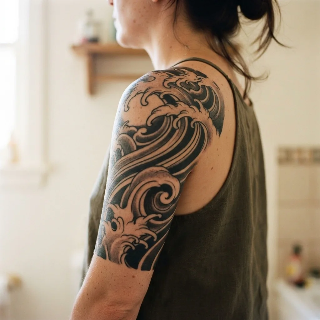 Close-up of a bold Japanese irezumi inspired wave tattoo wrapping the upper arm and shoulder of a woman, featuring thick curved black linework, structured foam crests, and deep contrast.