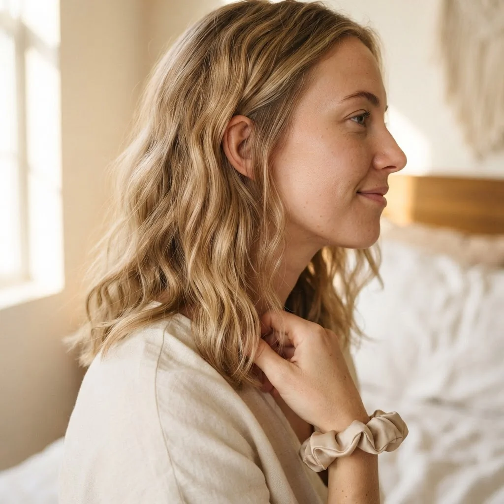 A woman with fine light-brown hair showing natural-looking soft overnight waves after removing a satin heatless curling rod, soft morning window light.