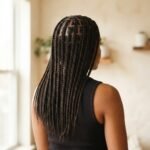 A woman with freshly installed medium-length knotless braids wearing them loose over her shoulders, photographed in soft natural window light with clean neat parts and a natural finished look.