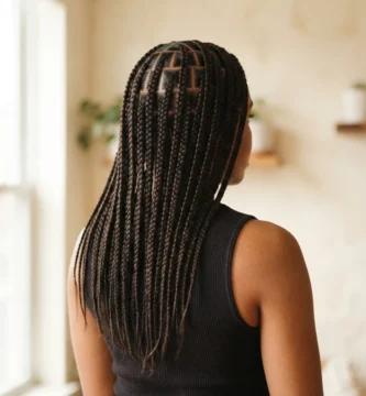 A woman with freshly installed medium-length knotless braids wearing them loose over her shoulders, photographed in soft natural window light with clean neat parts and a natural finished look.