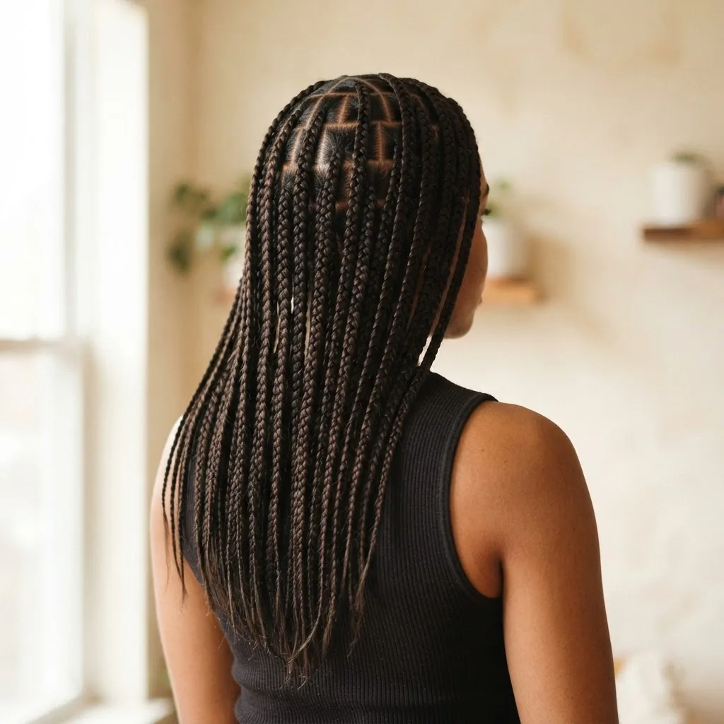 A woman with freshly installed medium-length knotless braids wearing them loose over her shoulders, photographed in soft natural window light with clean neat parts and a natural finished look.