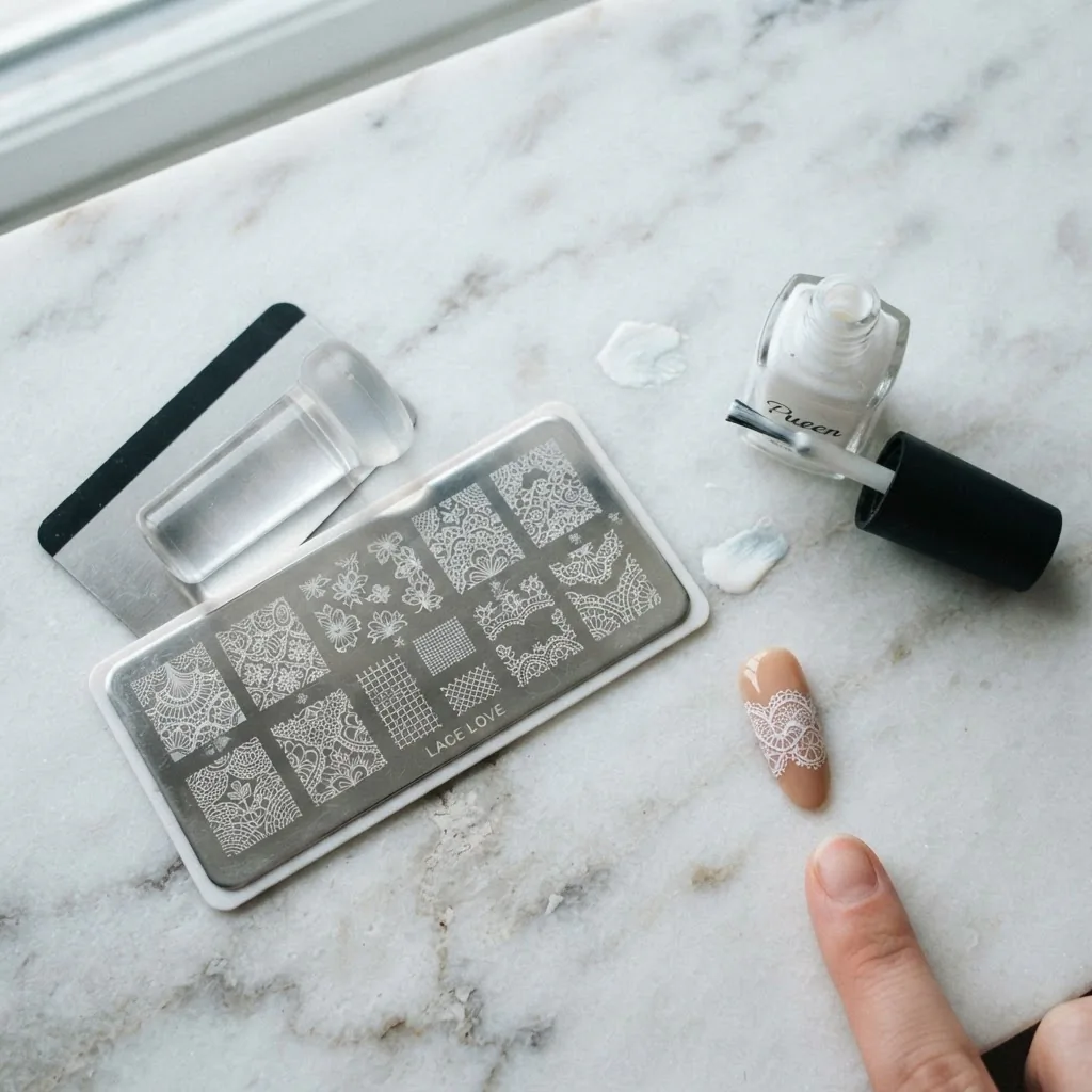 Close-up flat lay of a nail stamping plate, stamp tool, and a finished lace-patterned accent wedding nail in white on nude polish resting on a light marble surface.