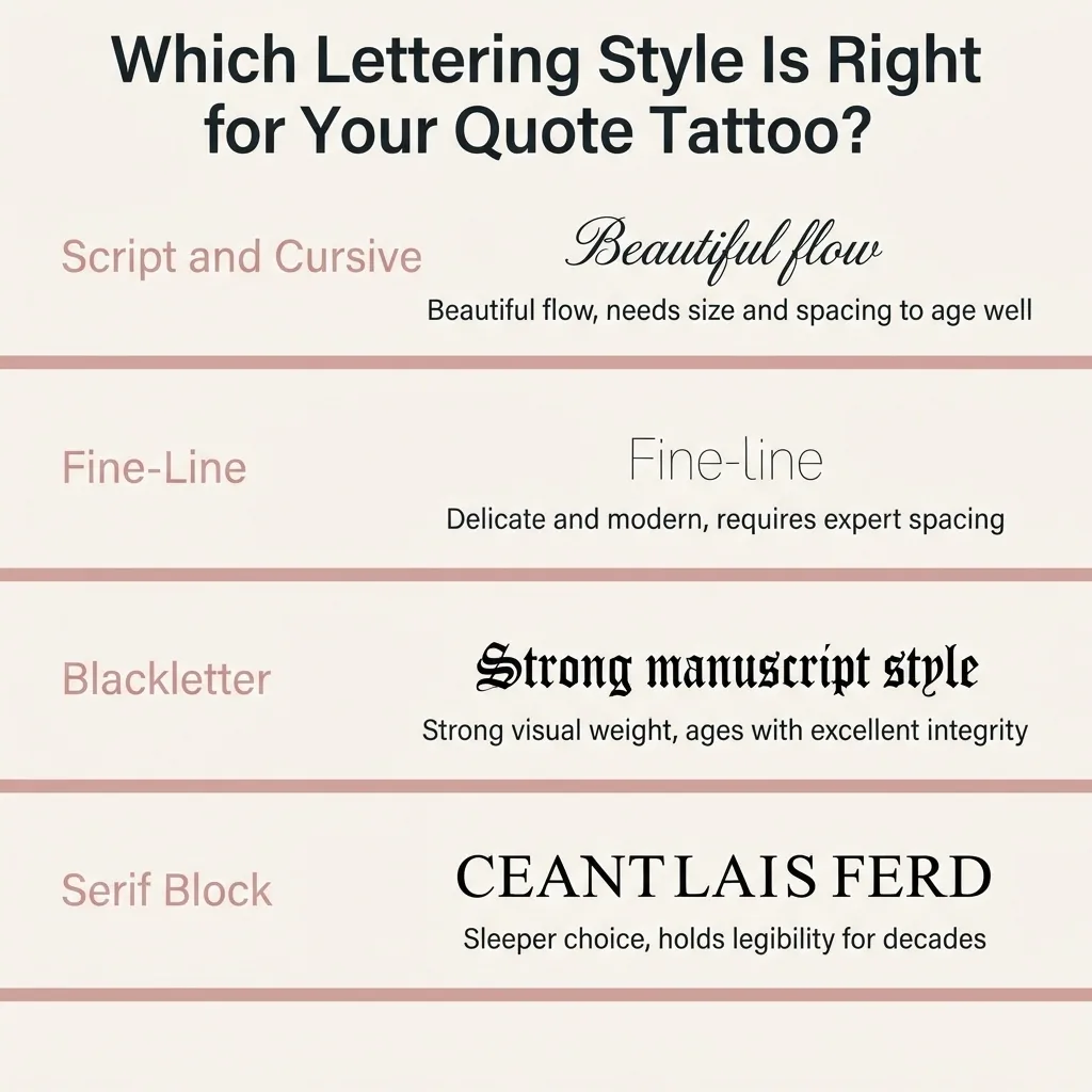 Flat vector infographic comparing four quote tattoo lettering styles, script, fine-line, blackletter, and serif block, with notes on aging and legibility for each.