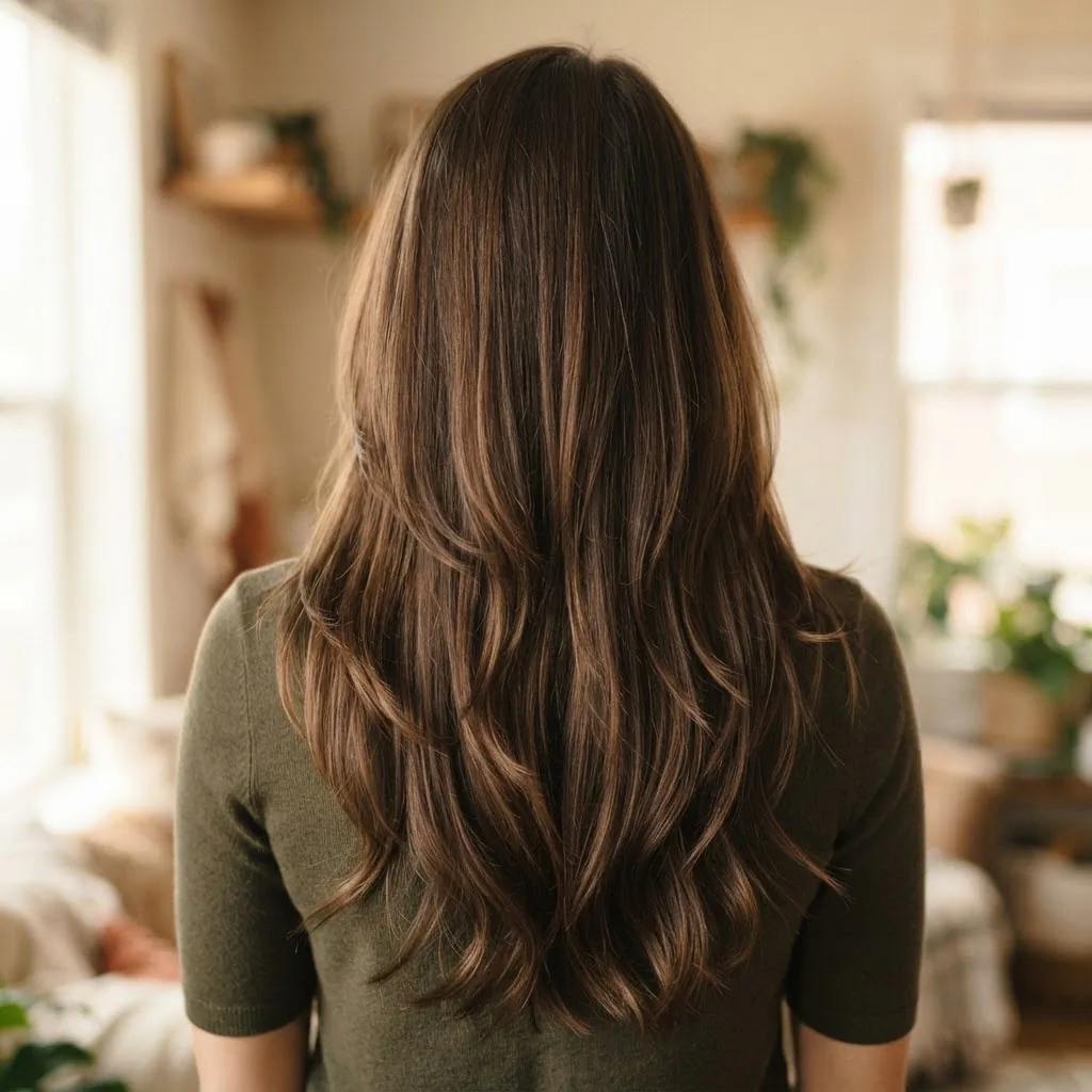 Close-up of long layered hair from behind showing soft blended layers with visible movement and dimension compared to a flat blunt edge.