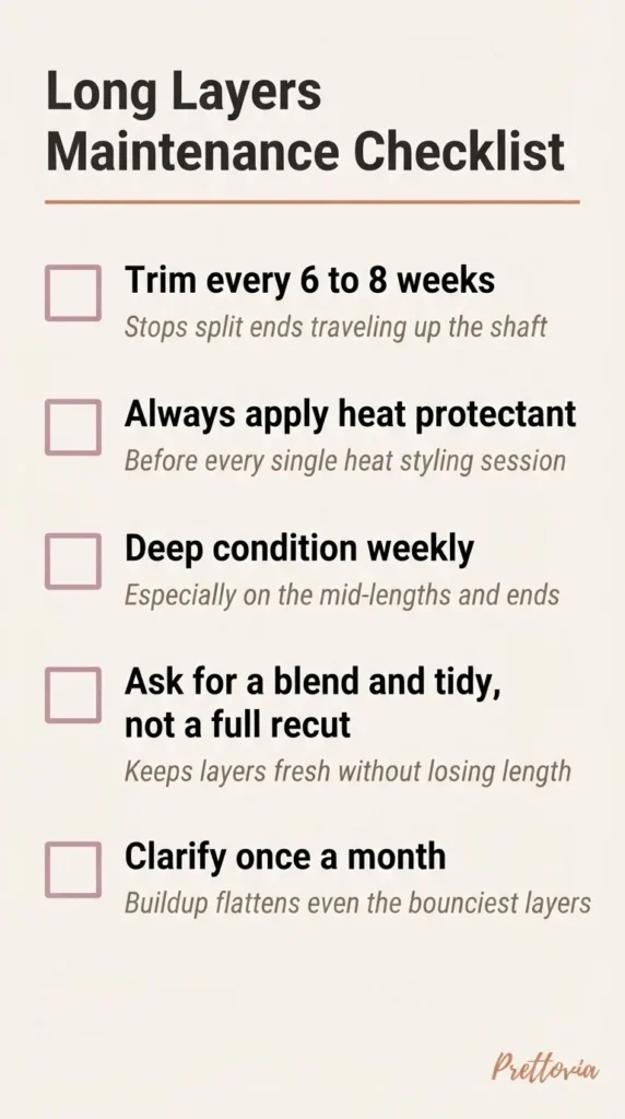 Flat vector checklist infographic titled Keeping Your Long Layers Healthy listing trim cadence, heat habits, and weekly care steps in a soft feminine color palette.