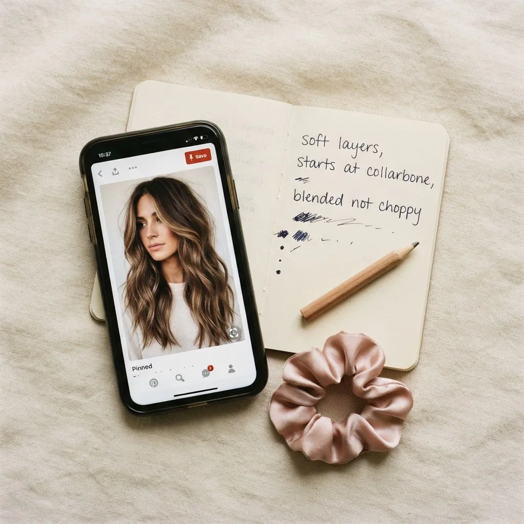 Flatlay of a phone showing a long layered haircut inspiration photo alongside a notebook with handwritten hair notes and a soft cream background.