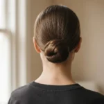 A close-up rear view of a polished sleek low bun at the nape of the neck on a woman with medium-brown straight hair, soft natural window light, clean and aspirational finish.