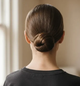 A close-up rear view of a polished sleek low bun at the nape of the neck on a woman with medium-brown straight hair, soft natural window light, clean and aspirational finish.