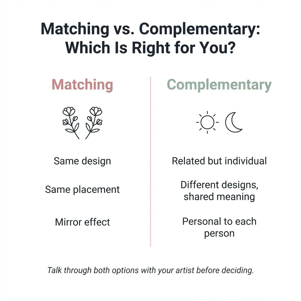 Flat vector infographic comparing matching and complementary mother daughter tattoo concepts with simple icon examples and labeled design approaches.