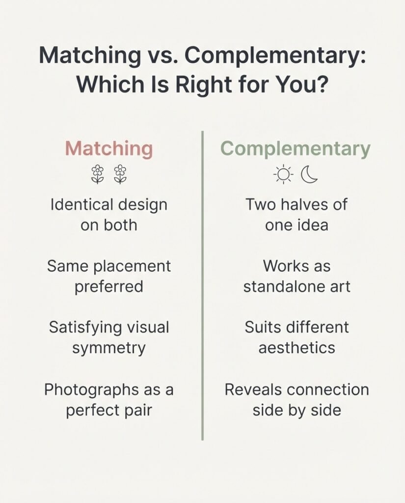 Flat minimalist infographic comparing matching tattoos versus complementary tattoos for best friends with icon examples and labeled design types.
