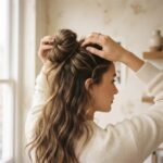 Close-up of hands pulling a hair loop bun loose on long wavy hair to create a relaxed messy bun updo.