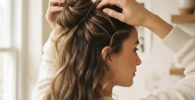 Close-up of hands pulling a hair loop bun loose on long wavy hair to create a relaxed messy bun updo.