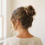 Close-up of a woman's high messy bun hairstyle with soft face-framing pieces, shot in warm natural window light against a neutral background.