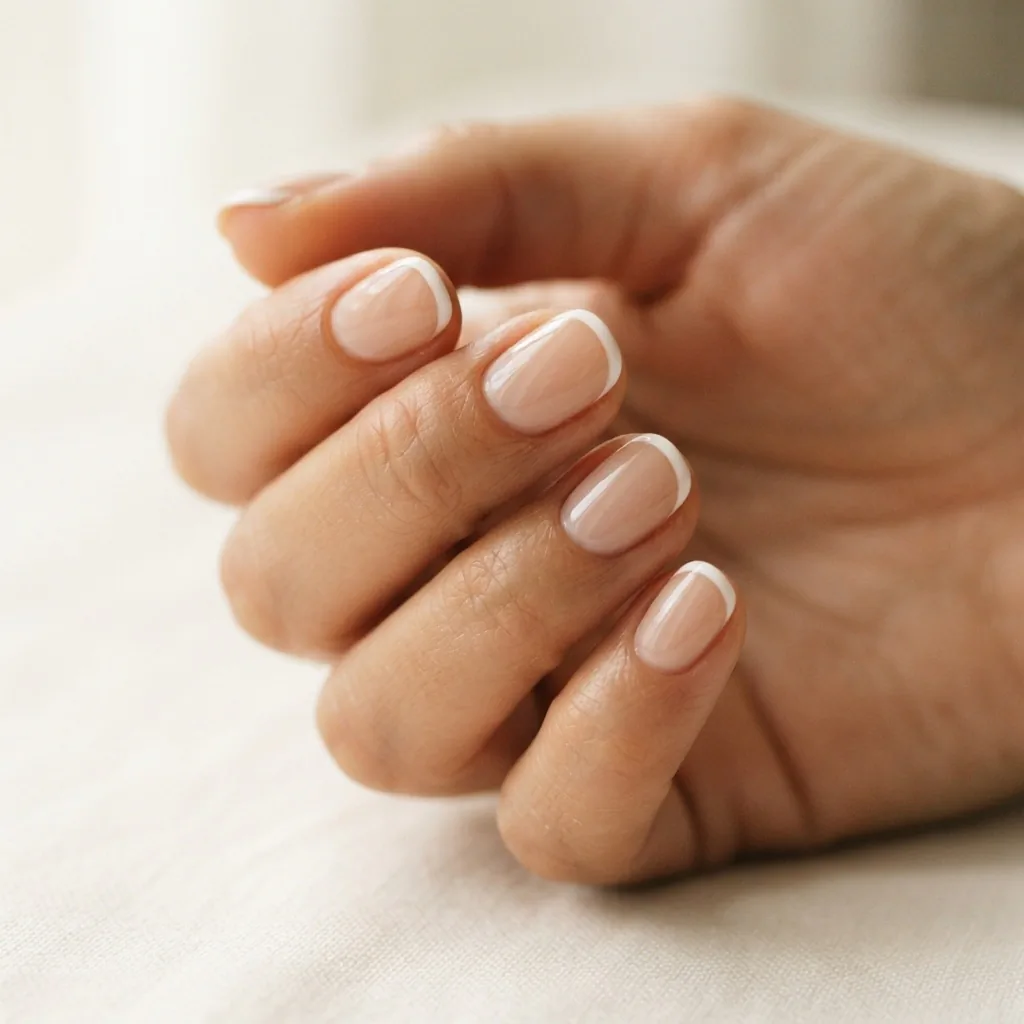 Close-up of a micro french manicure on short natural nails with a sheer nude base and a thin precise white tip line in soft natural window light.