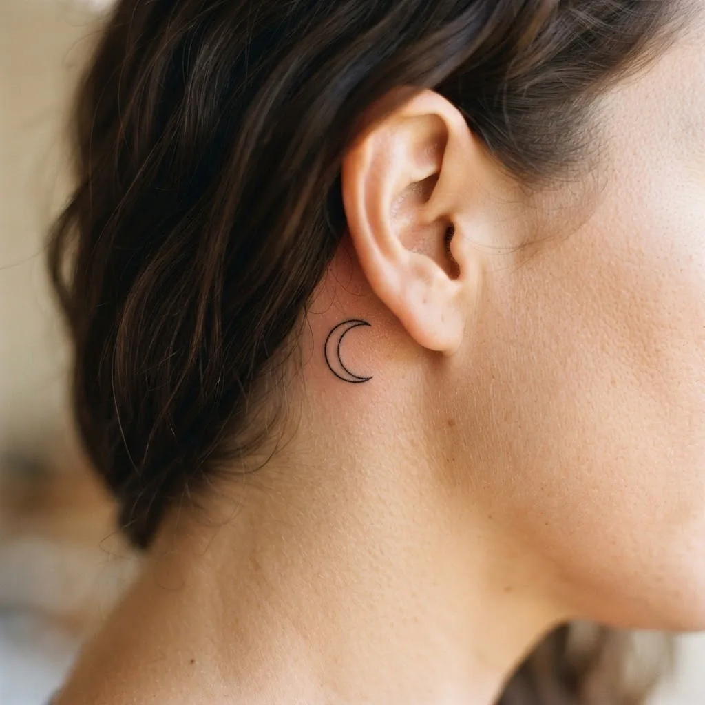 Extreme close-up of a tiny minimalist crescent moon tattoo placed behind the ear of a woman with natural skin, showing fine single-stroke linework on healed skin in bright soft lighting.