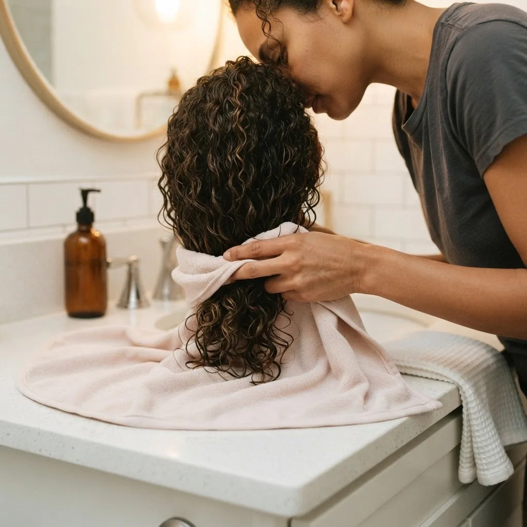A woman with curly hair plopping wet curls into a white microfiber hair towel on a bright bathroom counter, with defined curl clumps visible at the edges of the towel.