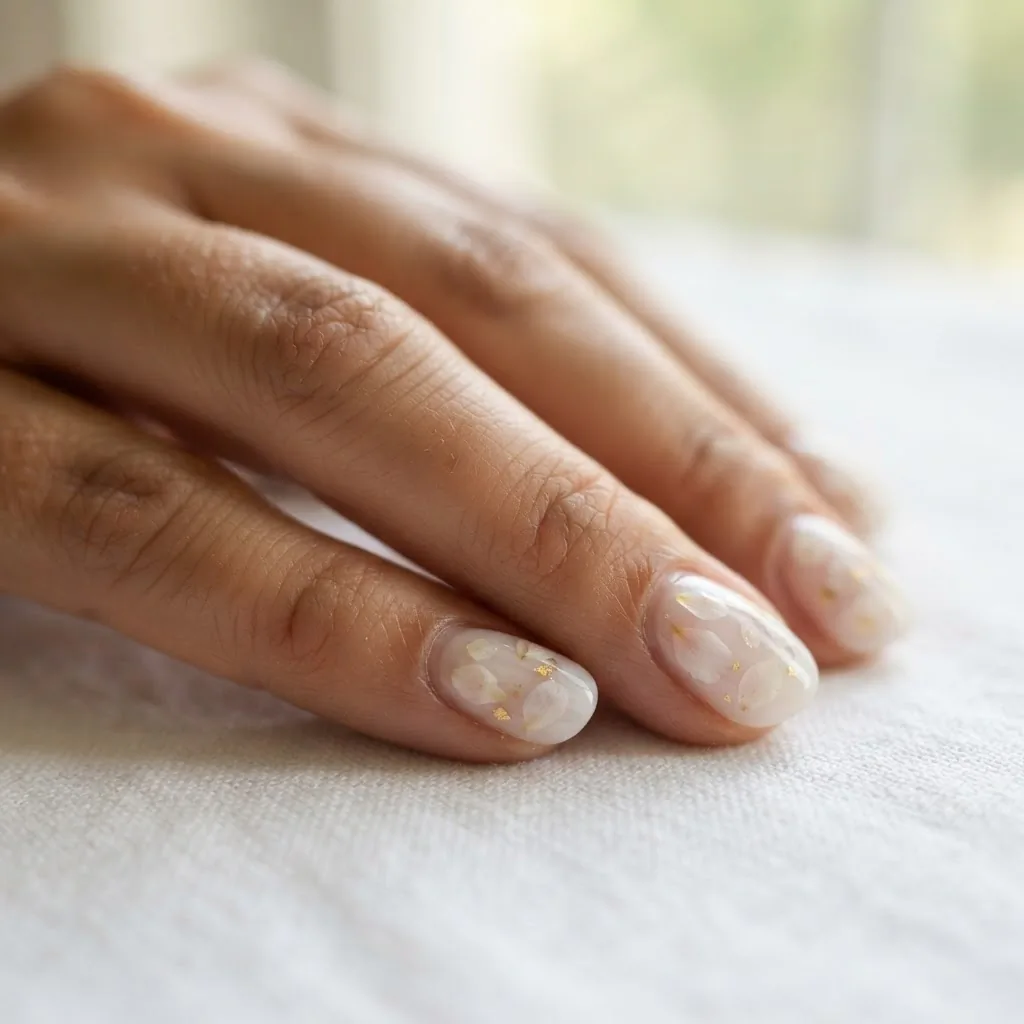Close-up macro photo of milk bath floral nails with soft floating white petals on a sheer translucent base on medium skin tone hands.