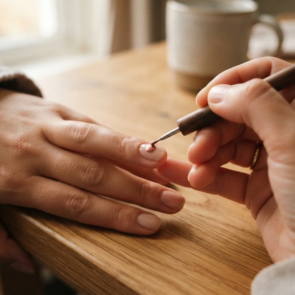 Close-up in-progress shot of a dotting tool pressing a single metallic gold dot onto a nude-painted short nail, hand resting on a wooden surface, soft warm home lighting.