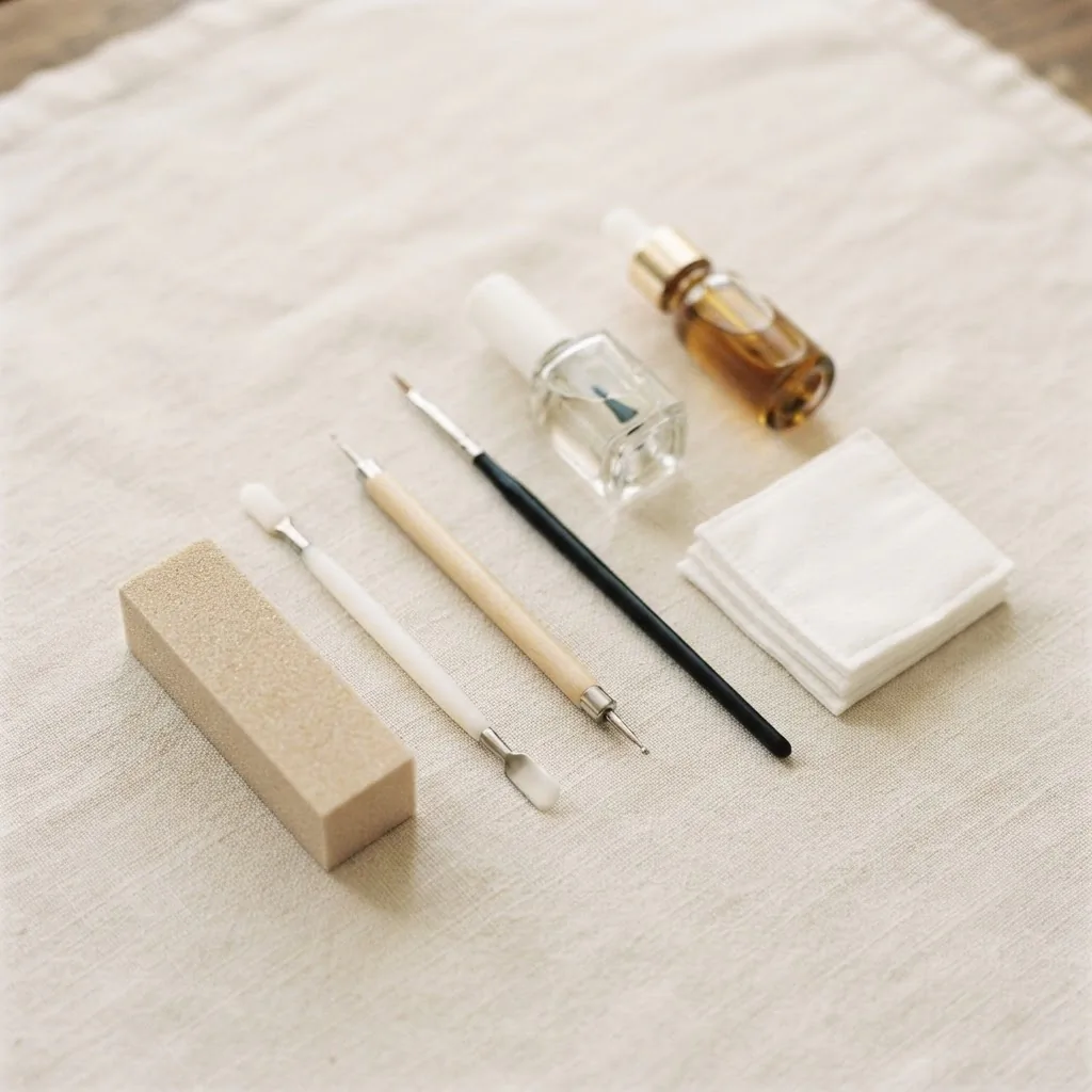 Flat lay of beginner minimalist nail art prep tools including a fine buffer block, cuticle pusher, dotting tool, striper brush, base coat bottle, and cuticle oil on a clean white surface.
