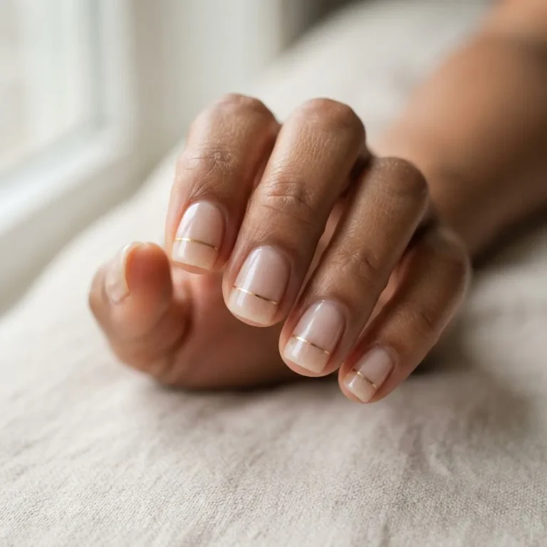 Close-up of a finished minimalist manicure on short squoval nails with a glazed nude base and a single fine gold line accent, soft natural window light on warm brown skin.