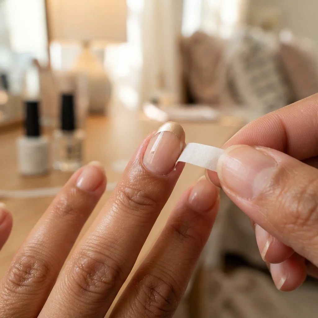 Close-up in-progress shot of a modern colored French tip wedding nail with a nail tape guide being peeled away to reveal a clean champagne gold tip line on a medium skin tone hand.