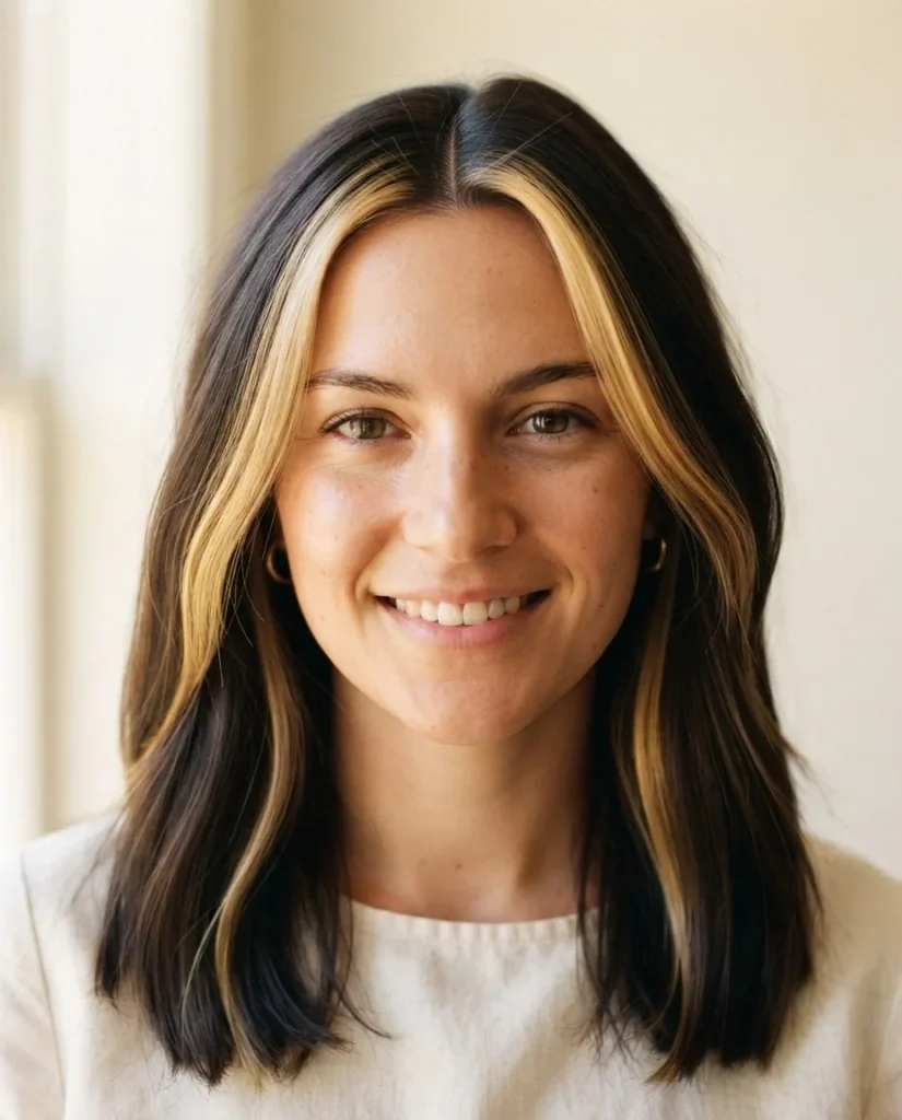 A front-facing close-up of a young woman with dark brown hair featuring bright face-framing money piece highlights on either side of her face.