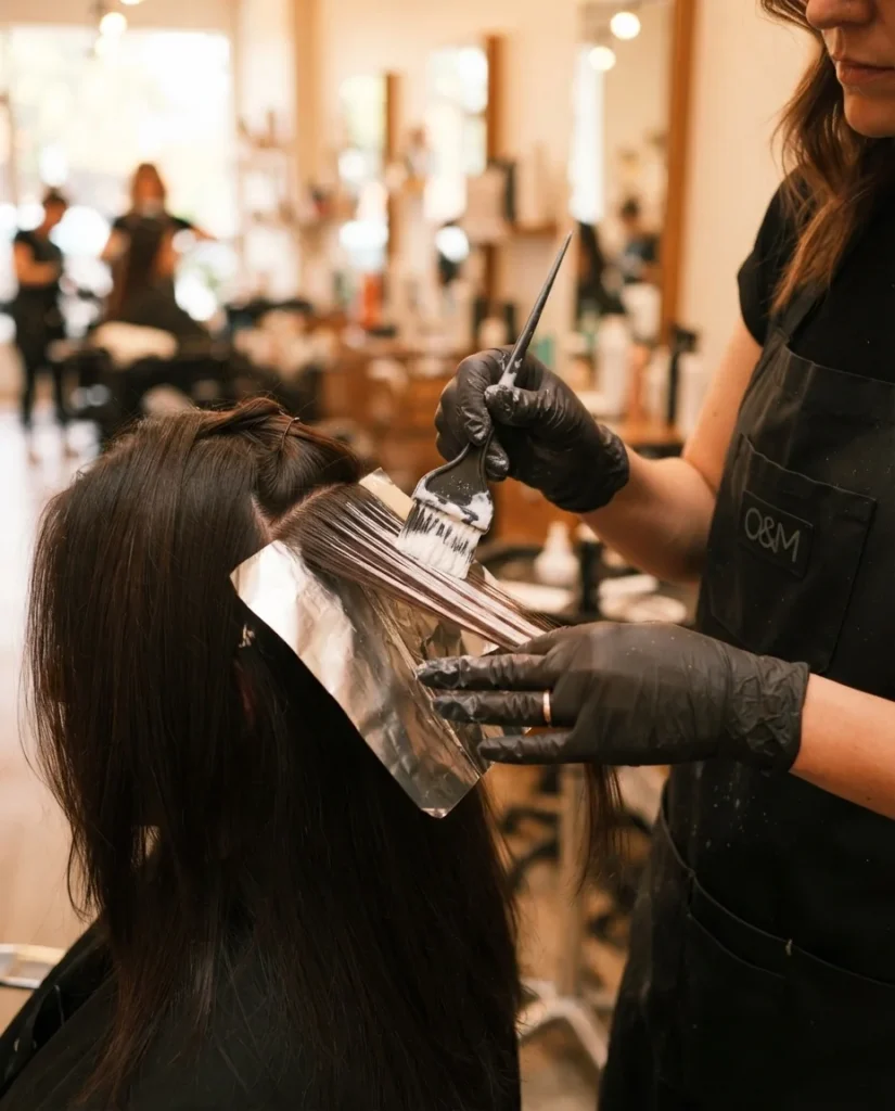 Close-up of a colorist applying lightener to front face-framing hair sections using a brush during a money piece highlight appointment, showing precision foil placement technique.