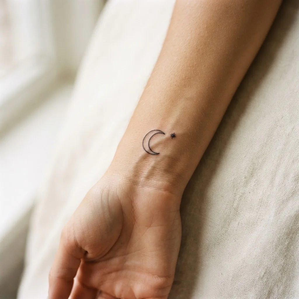 Close-up of a healed fine-line crescent moon and tiny star tattoo on the inner wrist of a woman in her twenties, photographed in soft natural window light against clean skin.