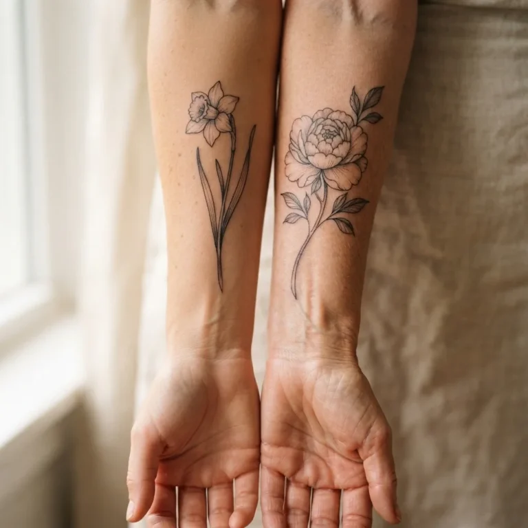Two healed fine-line birth flower tattoos on adult women's inner forearms side by side, one featuring a delicate daffodil and one a peony in minimalist black ink.