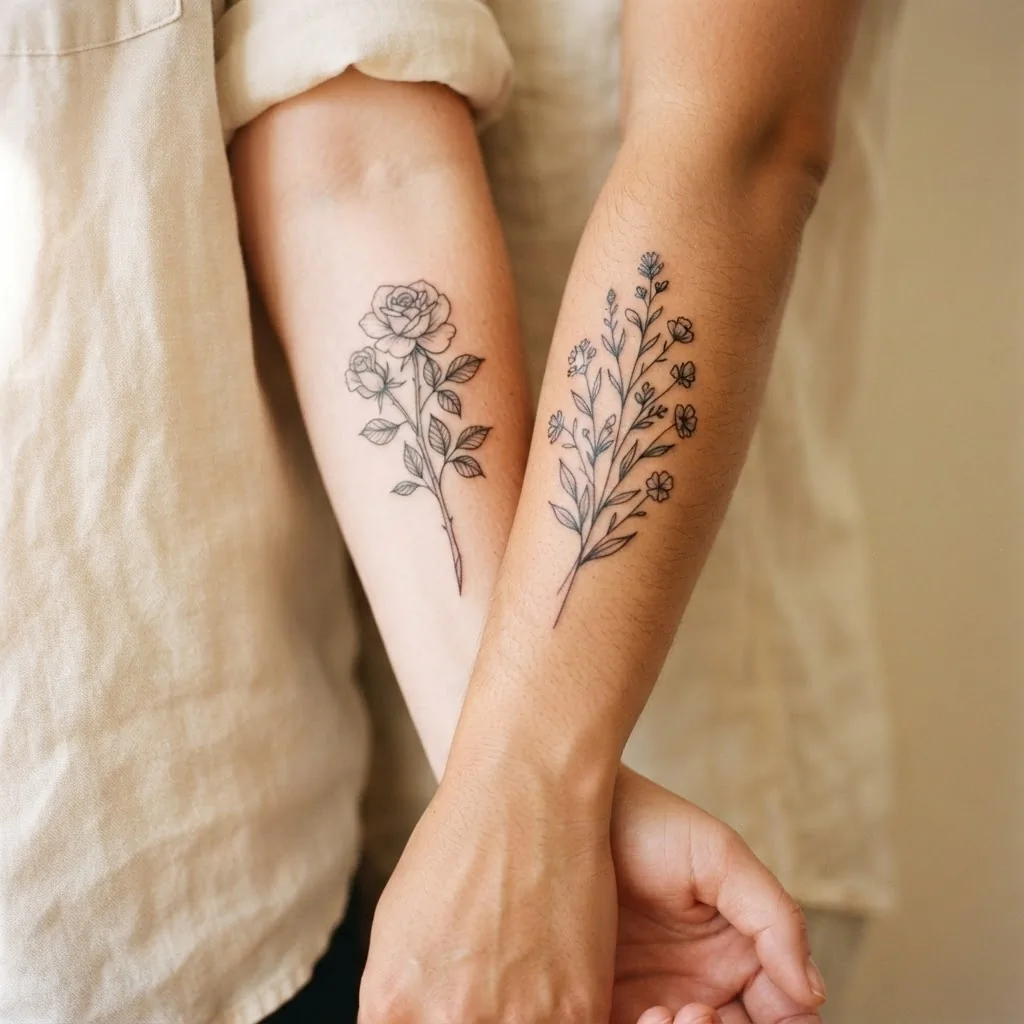 Close-up of two healed fine-line floral tattoos on the outer forearms of two adult women standing side by side, showing delicate black ink botanical detail.