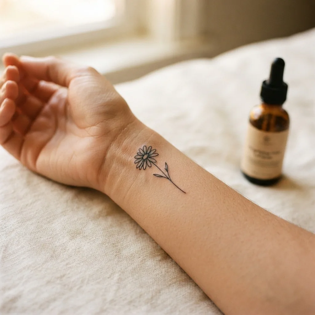 Close-up of a healed minimalist fine-line tattoo on an adult woman's inner wrist with healthy skin and clear ink showing the finished result after full healing.
