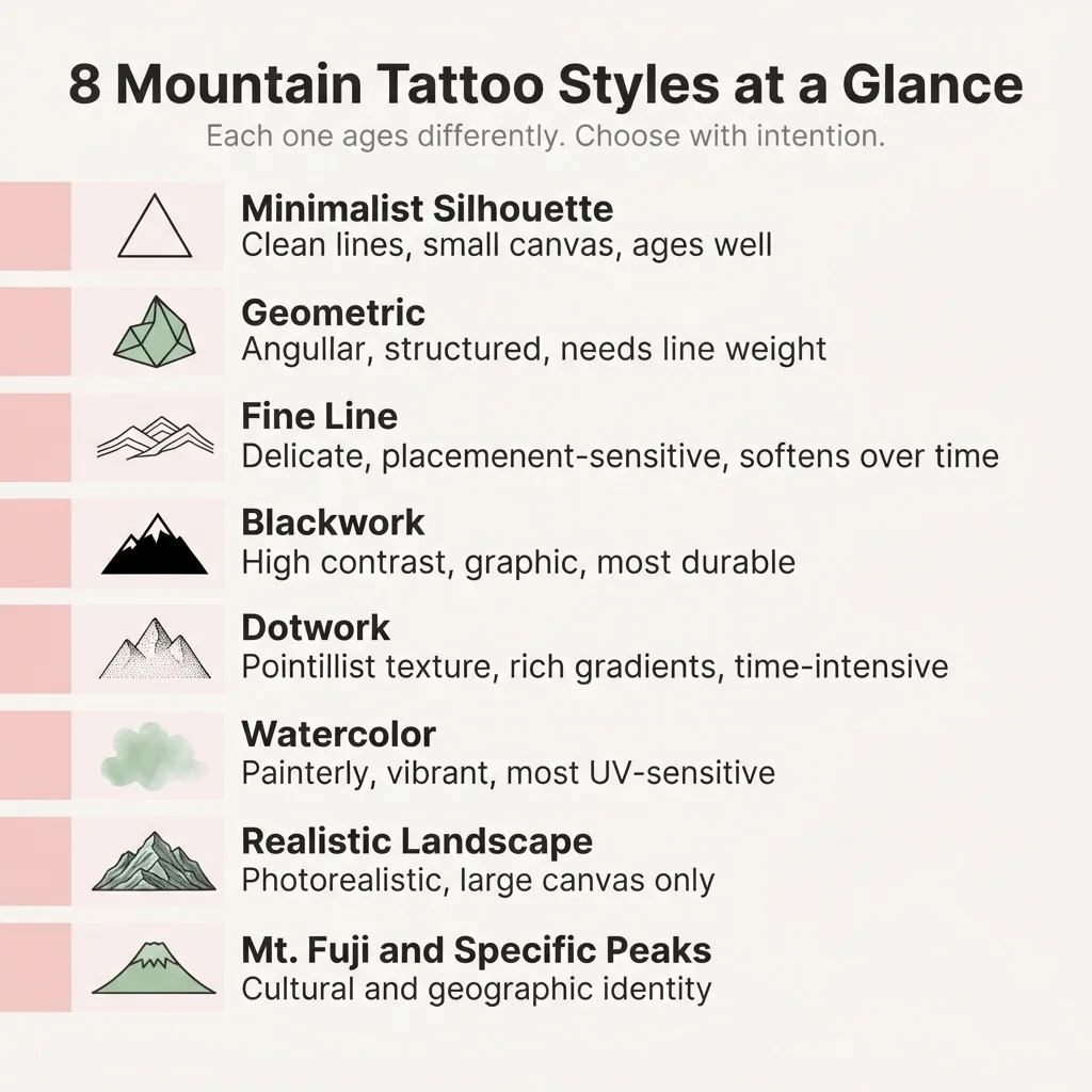 Flat vector infographic comparing eight mountain tattoo styles including minimalist silhouette, geometric, fine line, blackwork, dotwork, watercolor, realistic, and Mt Fuji with style descriptors.