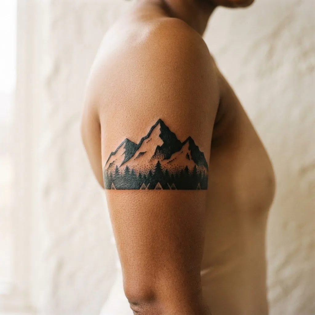 Close-up of a bold blackwork mountain range tattoo on a woman's outer upper arm, high contrast solid black peaks with negative space sky against warm natural skin tone.