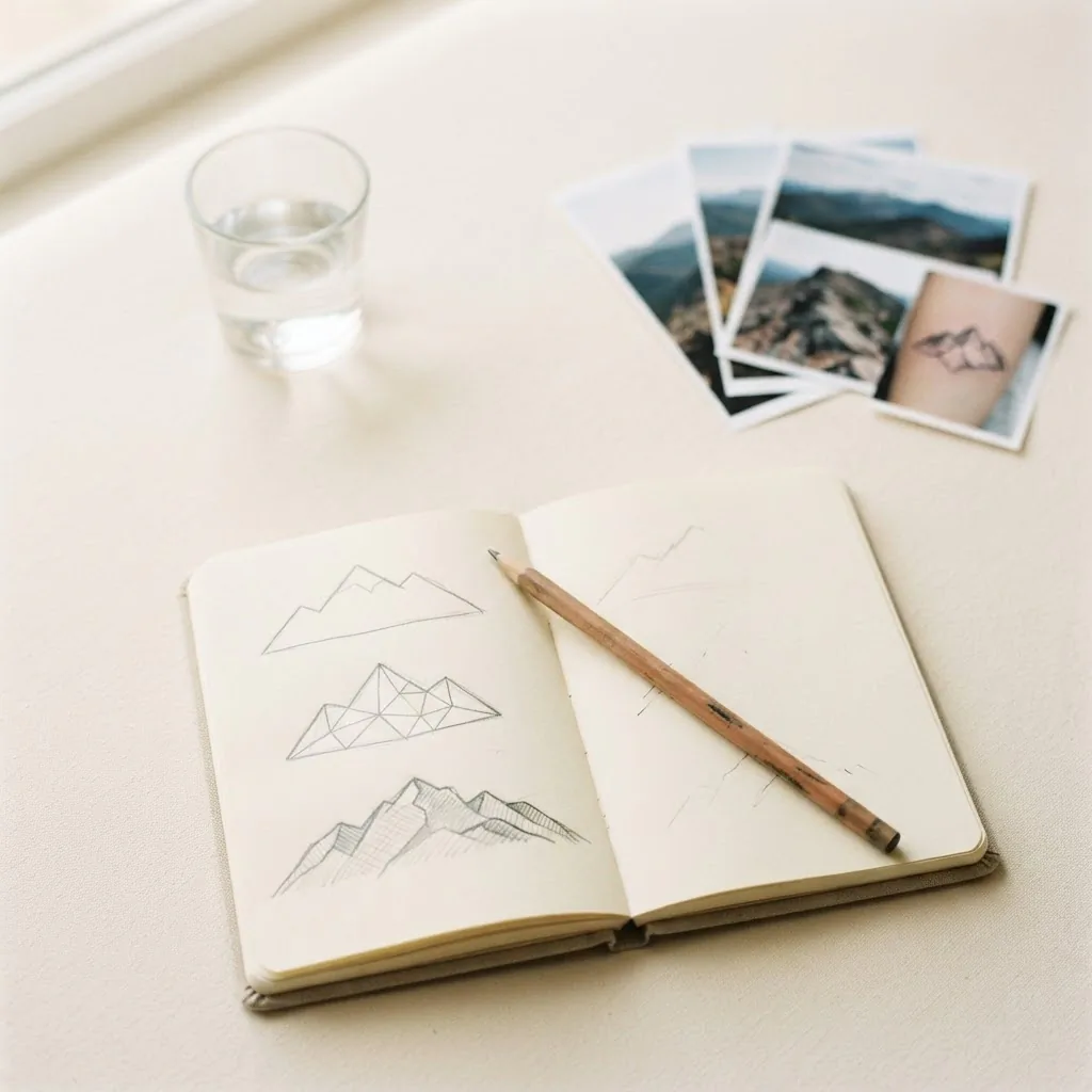 Overhead flatlay of a tattoo planning mood board with printed reference photos, a sketchbook, and a phone showing Pinterest inspiration images on a warm neutral desk surface.