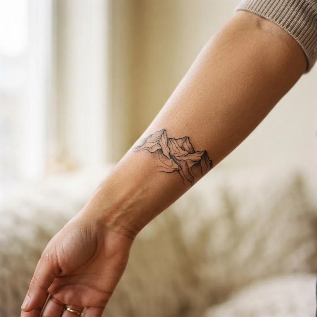 Close-up of a healed fine line mountain range tattoo on a woman's outer forearm, ink settled into skin showing a ridgeline with soft shading and negative space.